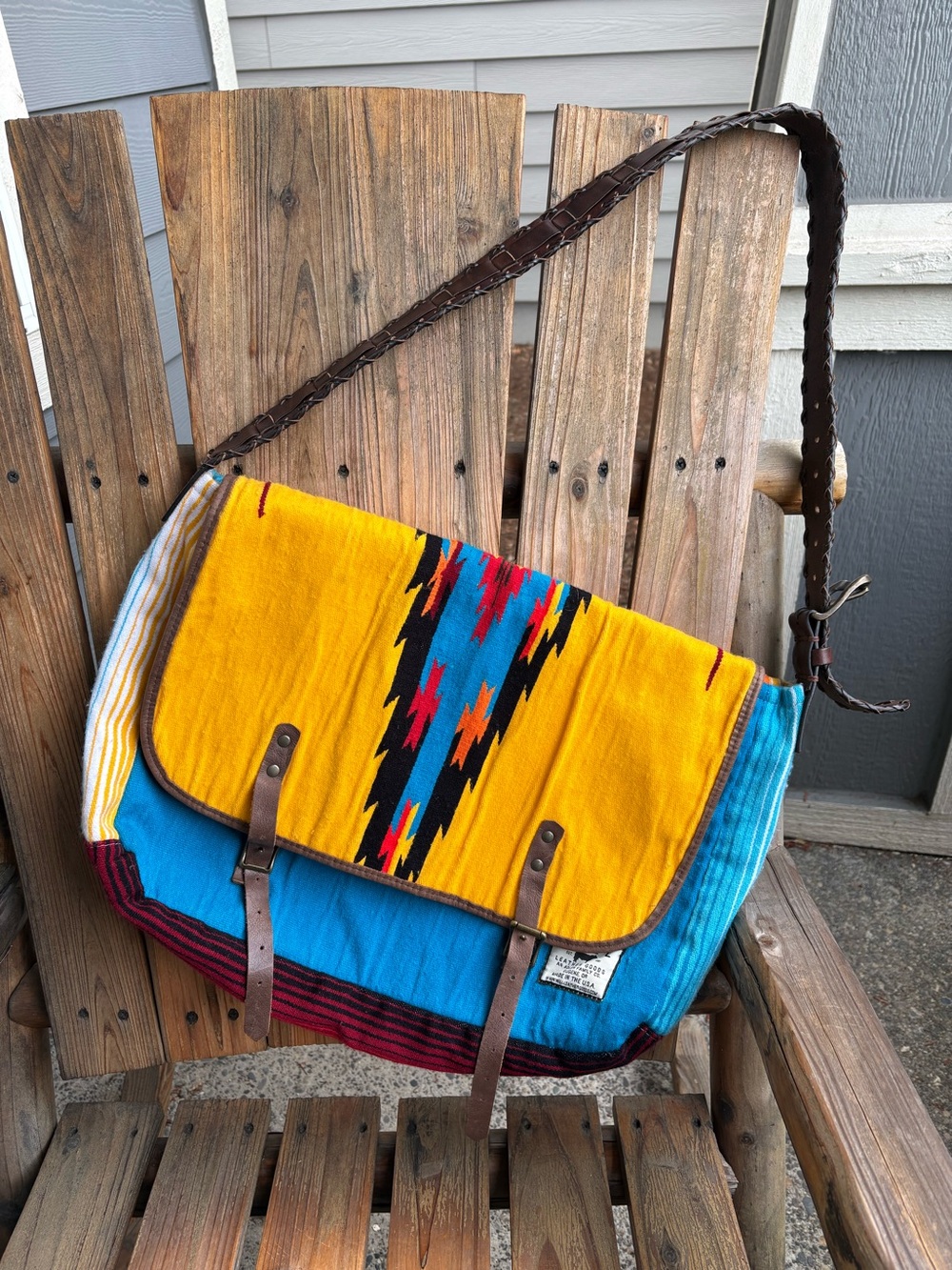VTG Will Leather Goods Dhurrie Messenger Bag Leather Belt Strap Pendleton Style